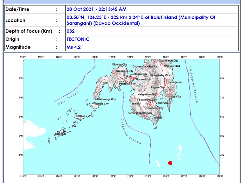 Balut Island sa Davao Occidental niyanig ng magnitude 4.2 na lindol