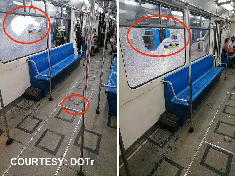 Bintana ng tren ng MRT-3 pinukol bato; isang pasahero ang nasugatan