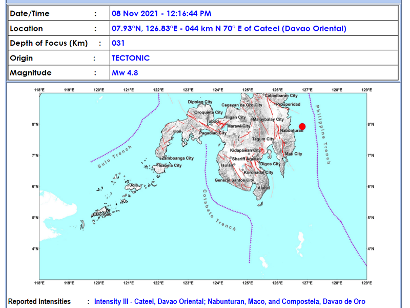 Cateel, Davao Oriental niyanig ng magnitude 4.8 na lindol