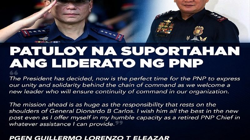 Eleazar nanawagan ng suporta para sa bagong PNP chief