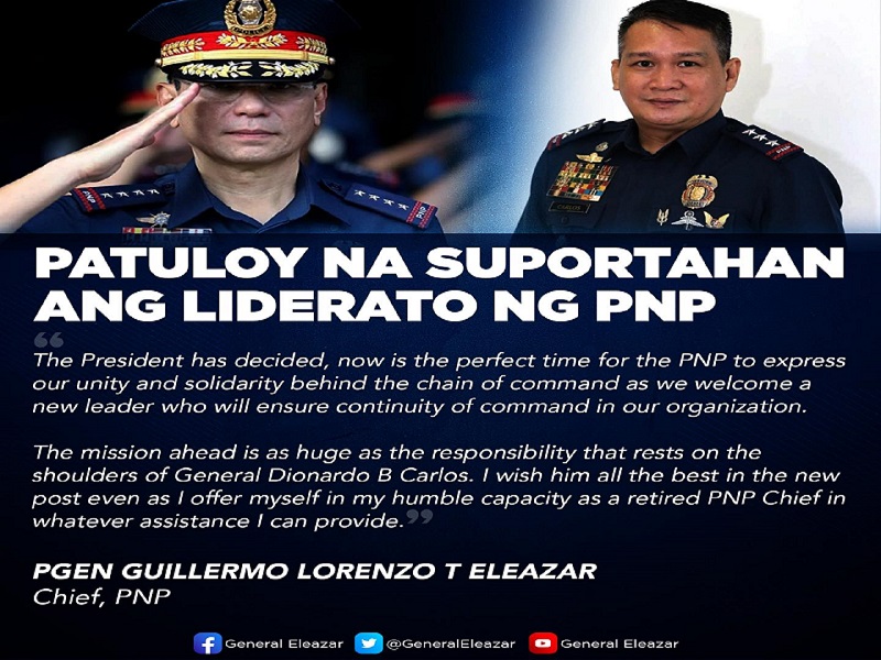 Eleazar nanawagan ng suporta para sa bagong PNP chief