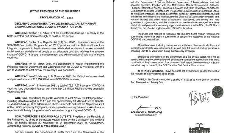 Mga magpapabakuna sa Nov. 29 hanggang Dec. 1 na deklaradong National COVID-19 Vaccination Days, pwedeng lumiban sa trabaho