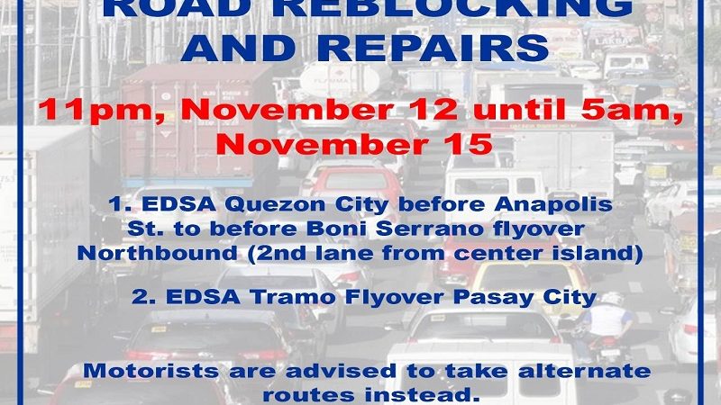 Ilang bahagi ng EDSA apektado ng road reblocking at repairs ng DPWH ngayong weekend