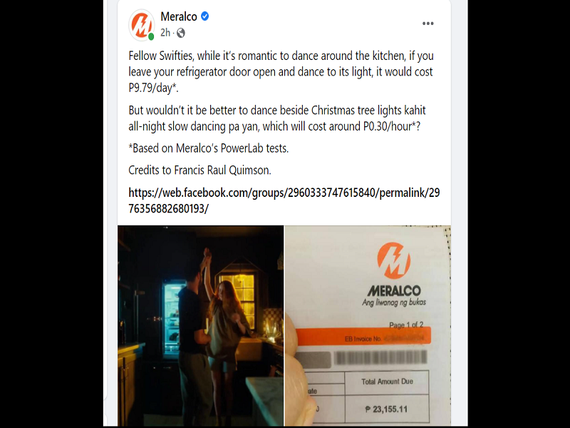 Meralco may payo sa “Swifties”; pagsasayaw sa kitchen nang bukas ang refrigerator light malakas sa kuryente