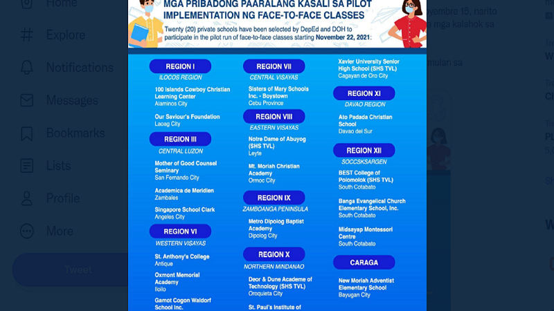 20 pang paaralan mapapabilang sa pilot implementation ng face-to-face classes