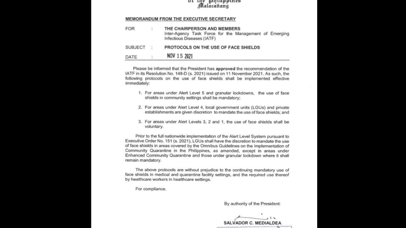 Pagsusuot ng face shield hindi na mandatory sa mga lugar na nasa Alert Level 1, 2 at 3