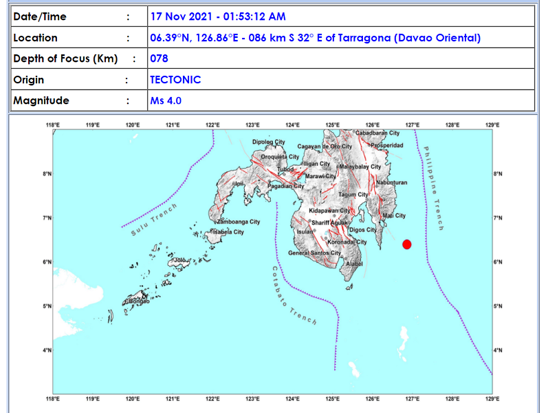 Davao Oriental at Surigao del Norte niyanig ng magnitude 4.0 na lindol