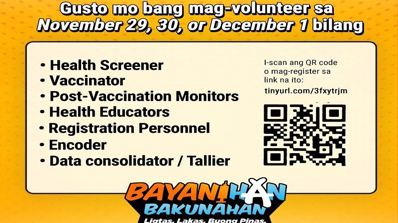 DOH nangangailangan ng volunteers para sa idaraos na National COVID-19 Vaccination Days