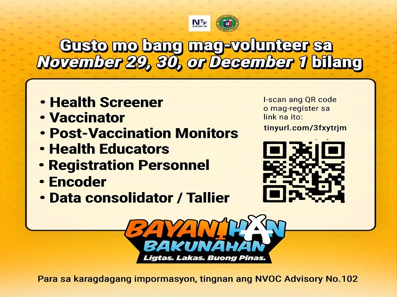 DOH nangangailangan ng volunteers para sa idaraos na National COVID-19 Vaccination Days