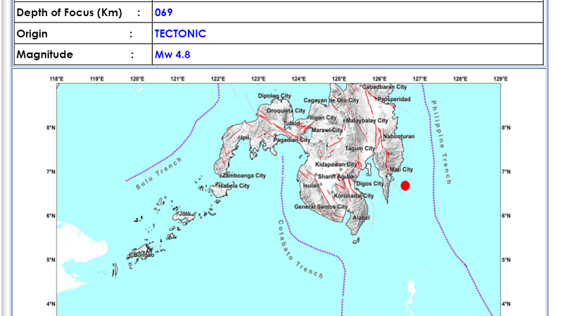 Tarragona, Davao Oriental niyanig ng magnitude 4.8 na lindol