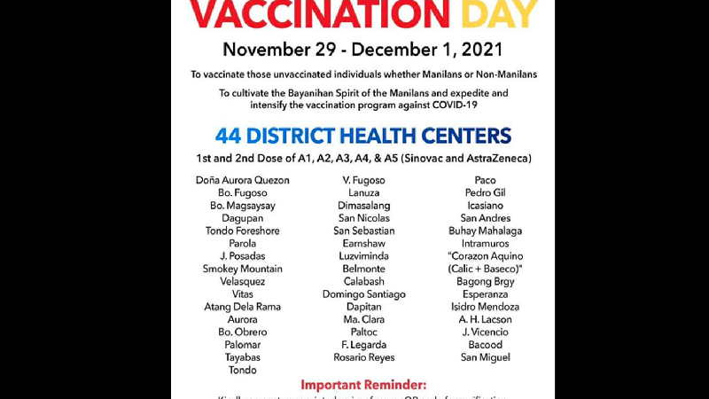 75 vaccination sites bubuksan sa Maynila para sa National Vaccination Day