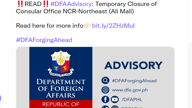 Consular Office ng DFA sa Ali Mall sa Cubao sarado muna; 5 staff nagpositibo sa COVID-19