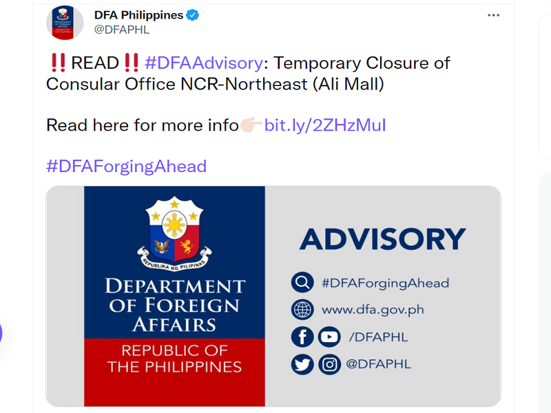 Consular Office ng DFA sa Ali Mall sa Cubao sarado muna; 5 staff nagpositibo sa COVID-19