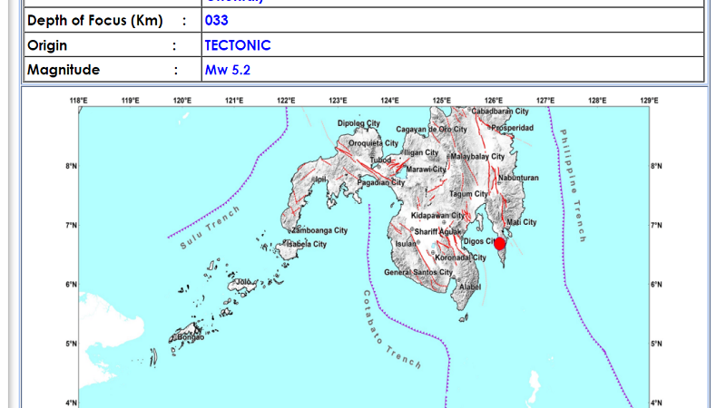 Governor Generoso, Davao Oriental niyanig ng magnitude 5.2 na lindol