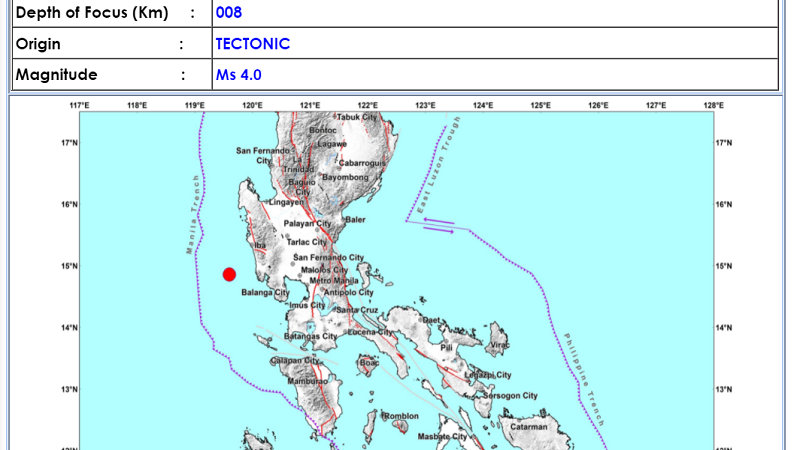 San Antonio, Zambales niyanig ng magnitude 4.0 na lindol