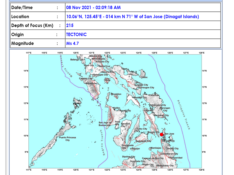 San Jose, Dinagat Islands niyanig ng magnitude 4.7 na lindol