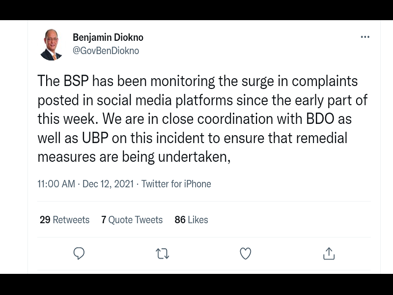 BSP nakikipag-ugnayan sa BDO at UBP hinggil sa reklamo ng mga kliyente
