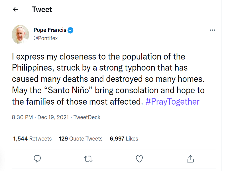 Pope Francis nakiramay sa mga naapektuhan ng bagyong Odette sa Pilipinas