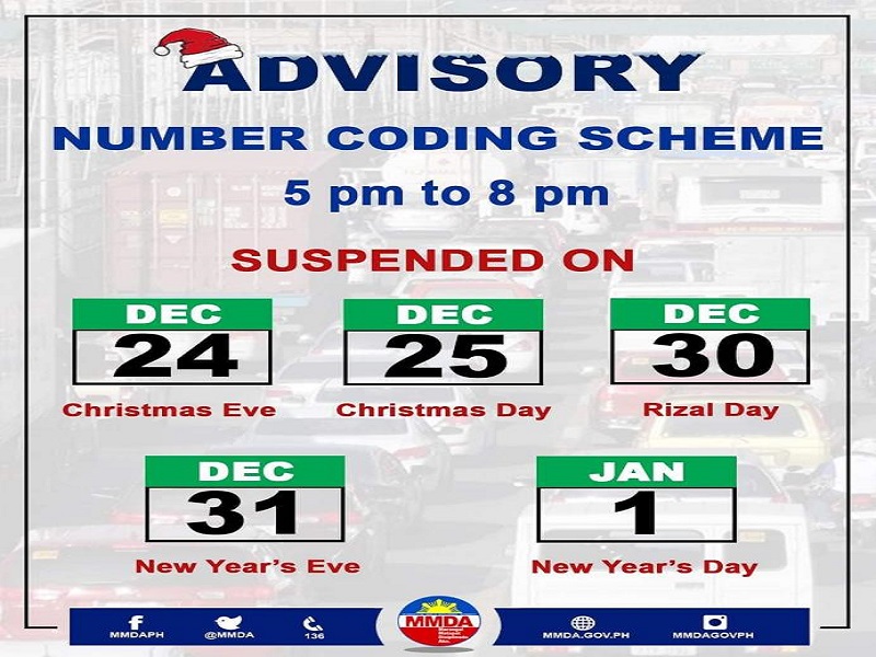 TINGNAN: Schedule ng suspensyon ng number coding ngayong Christmas season