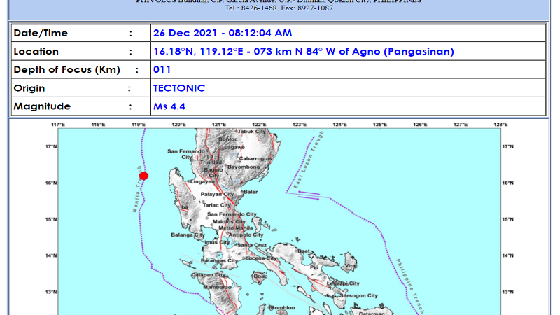 Agno, Pangasinan niyanig ng magnitude 4.4 na lindol