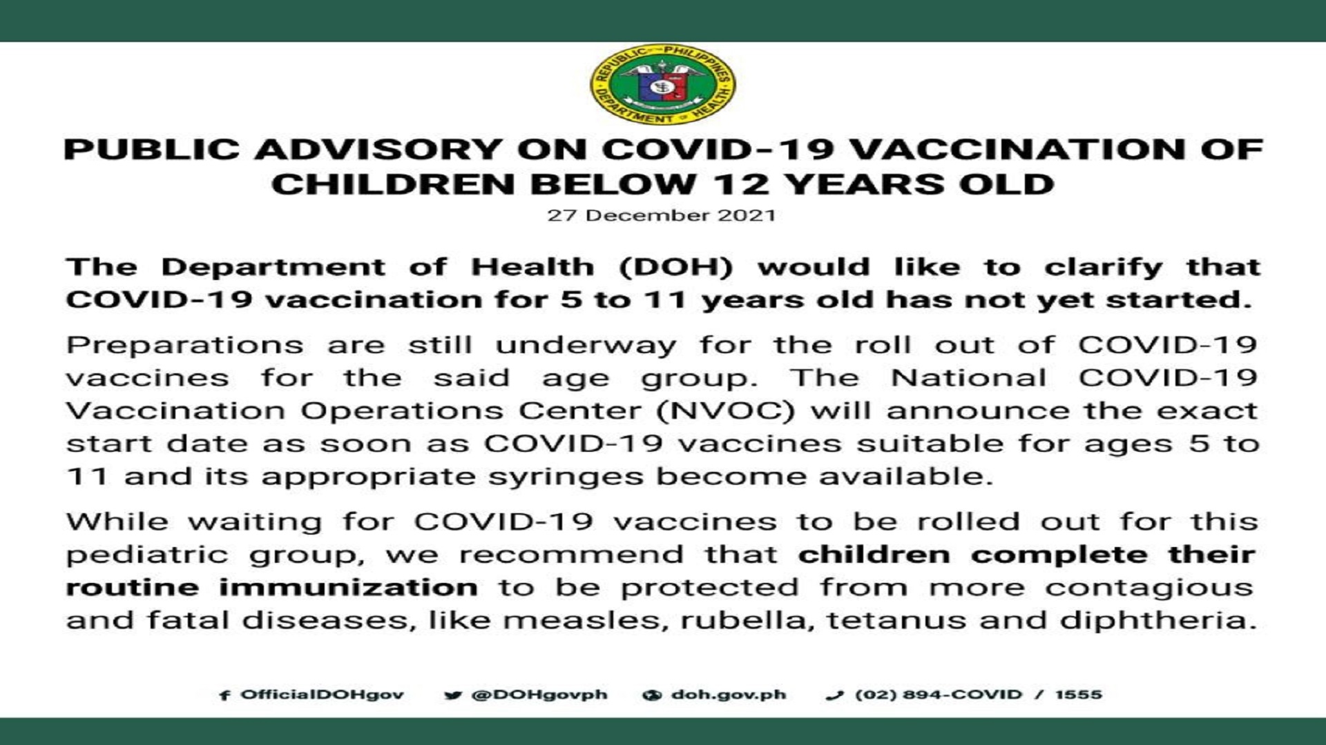 Pamahalaan pinaghahandaan na ang pagbabakuna kontra COVID-19 sa mga edad 5 hanggang 11