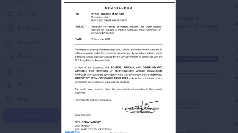 Pasig City Mayor Vico Sotto ipinagbawal ang lahat ng election-related materials na nakalagay sa mga public property