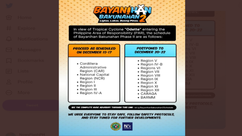 Bayanihan Bakunahan Phase II sa ilang rehiyon na maaapektuhan ng bagyo ipinagpaliban ng pamahalaan