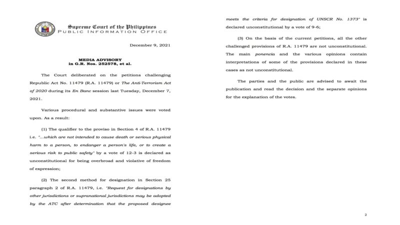 Ilang bahagi ng Anti-Terrorism Act idineklarang labag sa Saligang Batas ng Korte Suprema