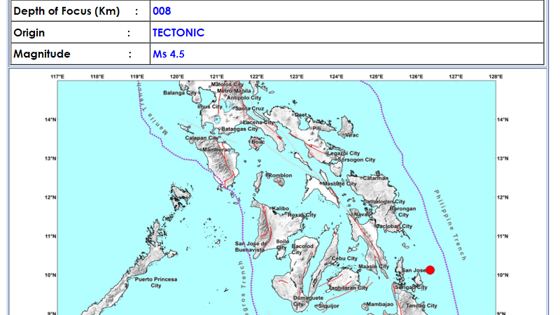Burgos, Surigao Del Norte niyanig ng magnitude 4.5 na lindol