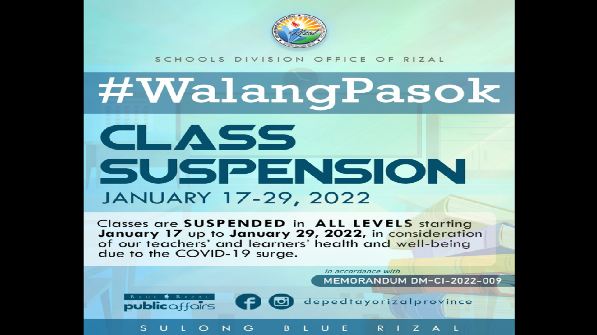 #WALANGPASOK: Klase sa lahat sa mga pampublikong paaralan sa buong lalawigan ng Rizal suspendido ng dalawang linggo