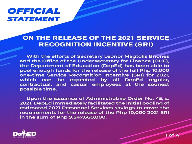 Natitirang P3,000 sa Service Recognition Incentive matatanggap na ng mga kawani ng DepEd