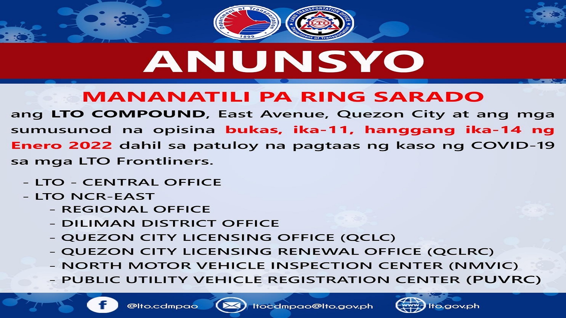 Central Office ng LTO sarado hanggang sa Biyernes, Jan. 14