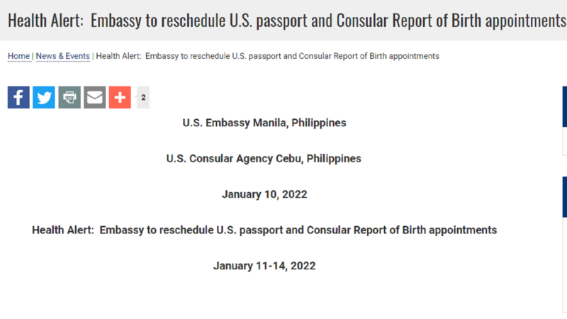 Non-emergency appointments kinansela ng US Embassy sa Manila