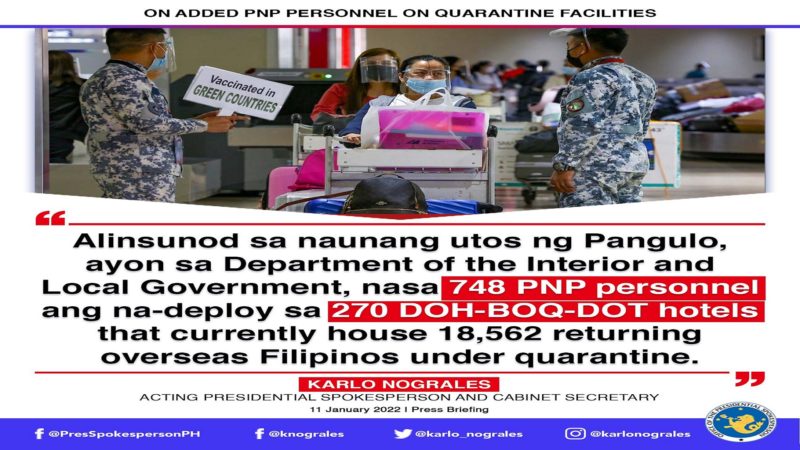 Halos 800 PNP personnel nagbabantay na sa Quarantine hotels