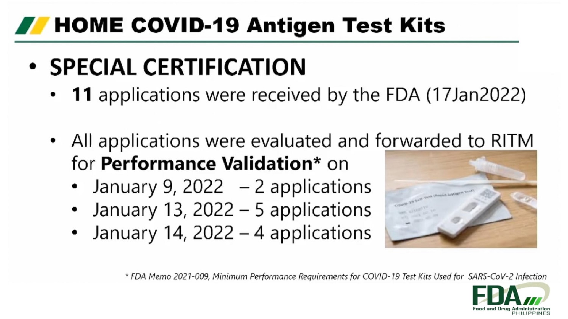 FDA nakatanggap na ng 11 aplikasyon para sa special certification ng Self-Administered COVID-19 Antigen Test Kits