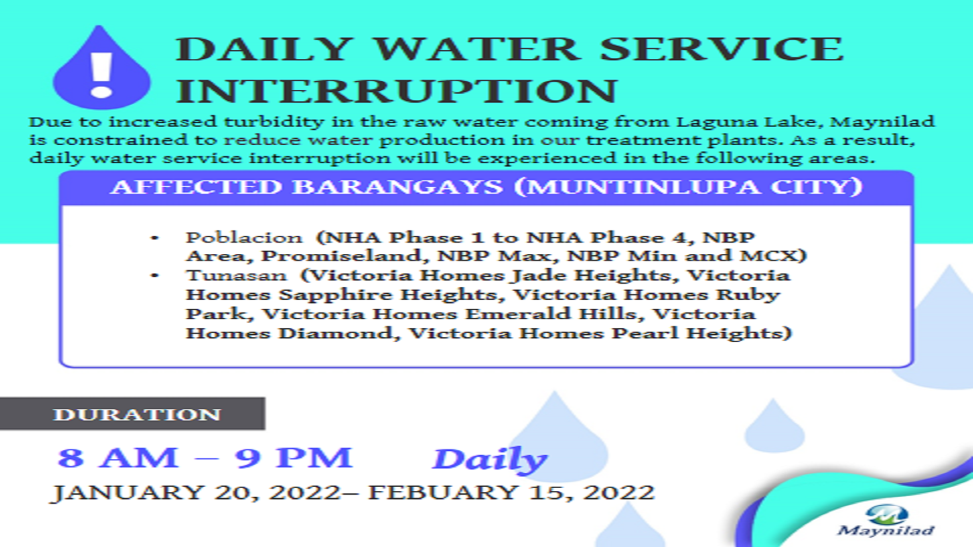 Bahagi ng Parañaque, Las Piñas, Pasay, Muntinlupa at Cavite araw-araw na mawawalan ng suplay ng tubig mula Jan. 20 hanggang Feb. 15