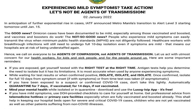 Mild na sintomas hindi dapat ipagwalang-bahala ayon sa DOH