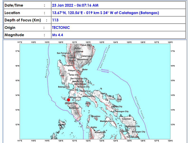 Calatagan, Batangas niyanig ng magnitude 4.4 na lindol