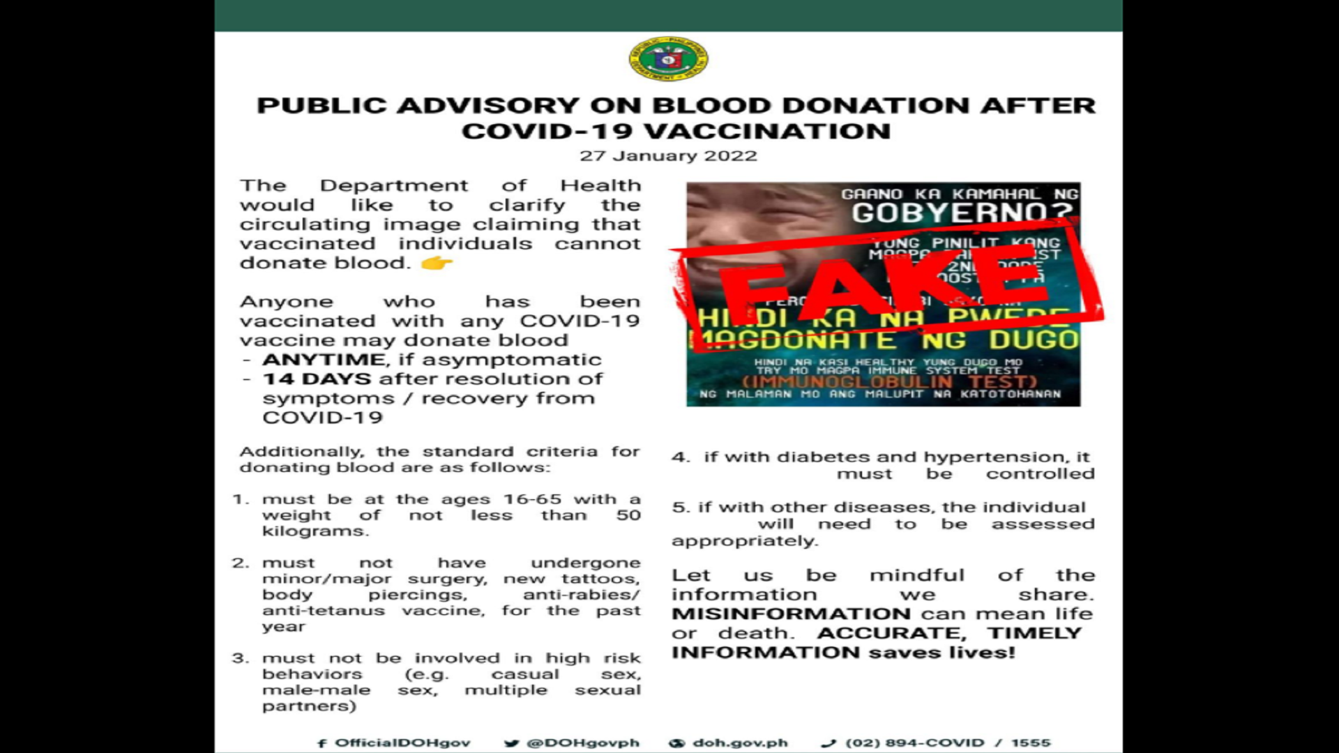 Ipinakakalat na balita na hindi pwedeng mag-donate ng dugo ang mga nabakunahan kontra COVID-19 peke ayon sa DOH