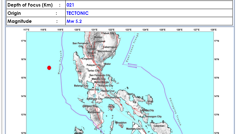 Masinloc, Zambales niyanig ng magnitude 5.2 na lindol