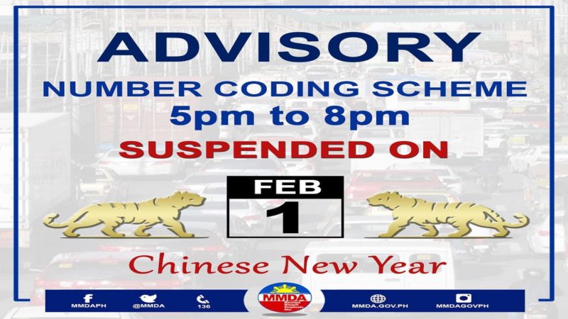 Pag-iral ng Number Coding suspendido sa Chinese New Year – MMDA