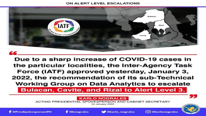 Rizal, Cavite at Bulacan sasailalim sa Alert Level 3 simula Jan. 5