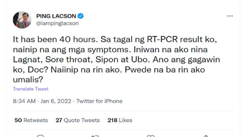 Sen. Panfilo Lacson nadismaya sa tagal ng resulta ng kaniyang RT PCR test