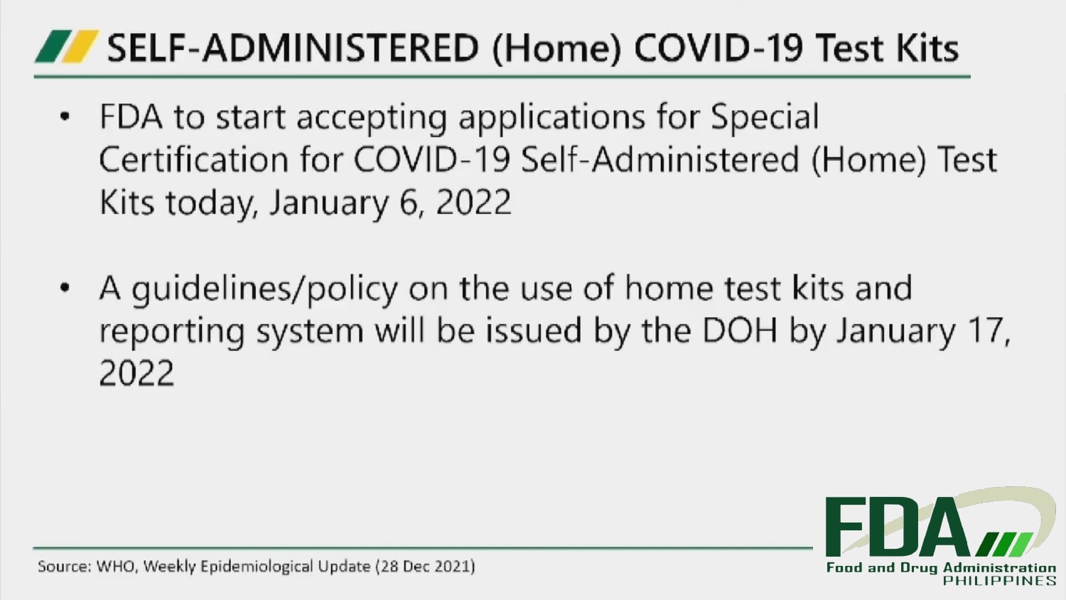 FDA tumatanggap na ng aplikasyon para sa Special Certification ng COVID-19 Self-Administered Test Kits