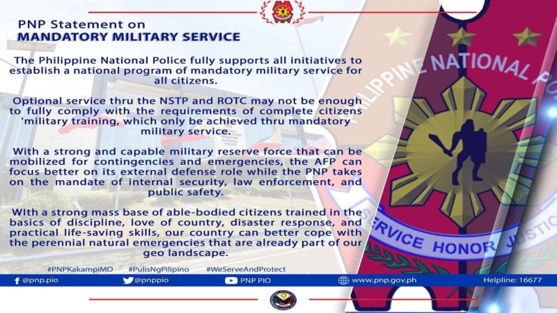 PNP pabor sa pagkakaroon ng mandatory military service sa bansa