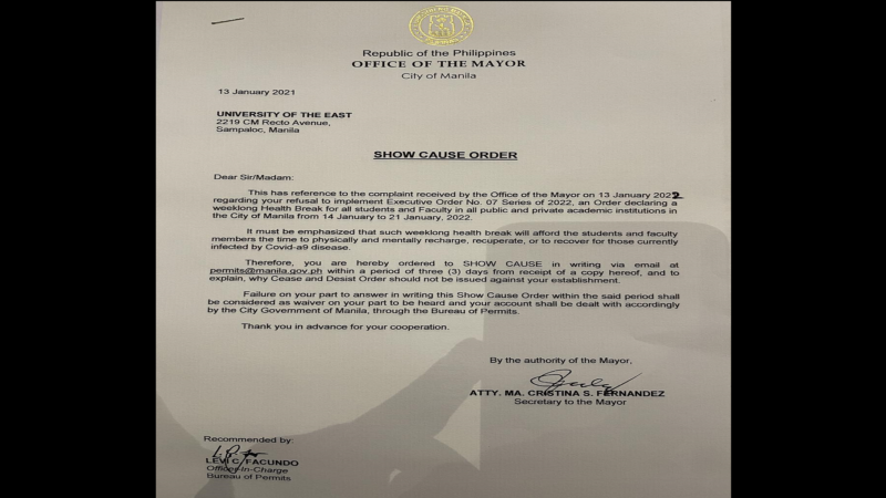 Manila LGU inisyuhan ng show cause order ang UE dahil sa hindi pagtalima sa idineklarang “health break”