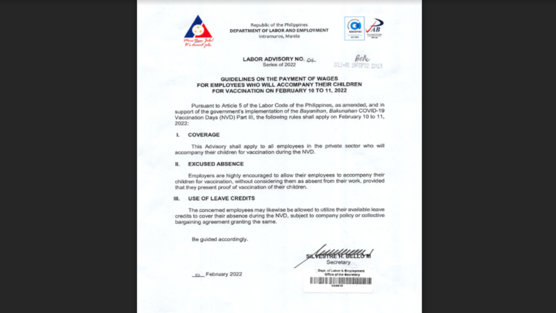 Mga empleyadong sasamahan ang kanilang anak para magpabakuna hindi dapat ituring na ‘absent’ ayon sa DOLE