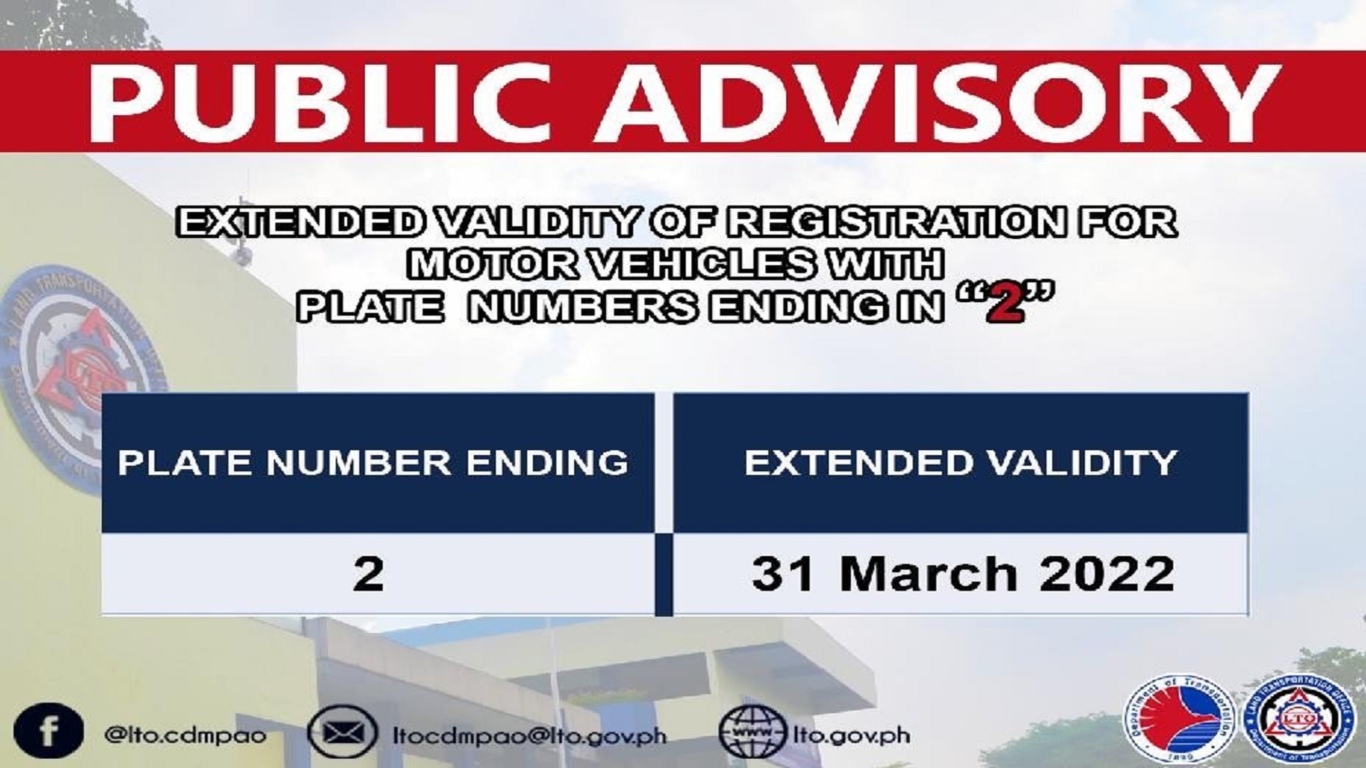 Validity ng registration para sa mga sasakyan na may plakang nagtatapos sa number 2 pinalawig ng LTO