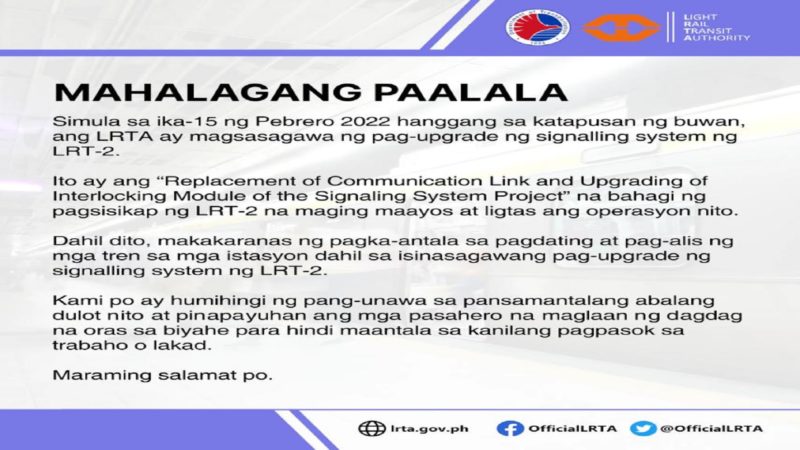 Biyahe ng LRT-2 maaring magkaroon ng delay dahil sa gagawing upgrade sa signaling system