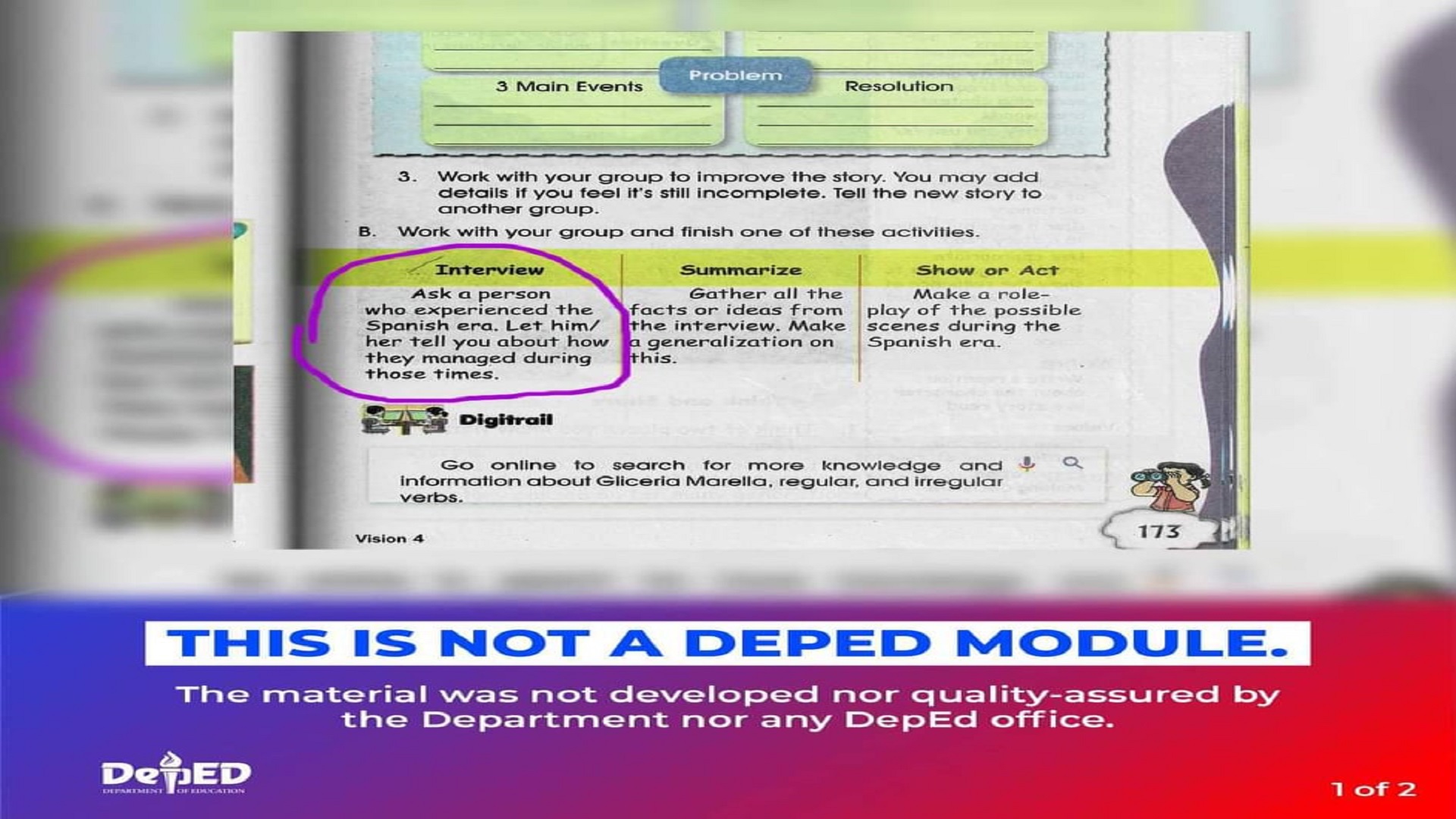 Module na may aktibidad na nag-aatas sa estudyante na mag-interview hinggil sa karanasan noong Spanish era, hindi galing sa DepEd